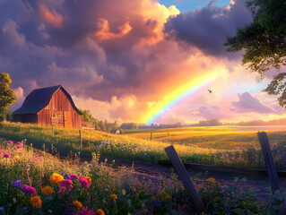 A red barn sits on a grassy hill with a rainbow arching over a field of flowers at sunset.
