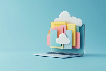 Colorful cloud storage concept emerging from a laptop against a blue background, illustrating digital data management