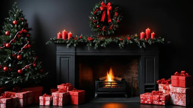A fireplace arranged with Christmas bright decoration, Christmas tree and red gifts. Cozy black interior with atmosphere of Christmas holidays. Video with zoom effect