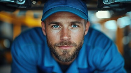 Close-up of young mechanic smiling, professional technician in workshop, hands-on automotive repair, confident car service expert, mechanic portrait, industrial worker, mechanic expertise, repair shop