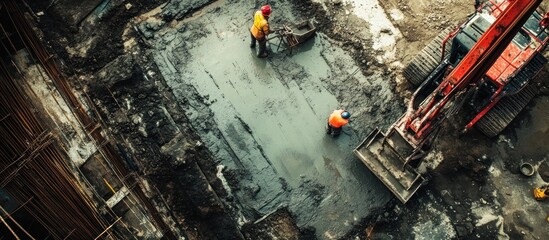 Aerial view of two construction workers operating a red excavator on a muddy construction site.