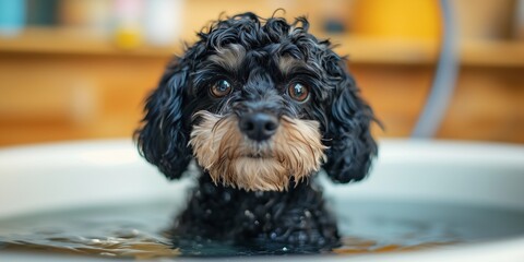 Adorable wet dog enjoying a bath in a tub, showcasing a delightful and heartwarming pet moment.