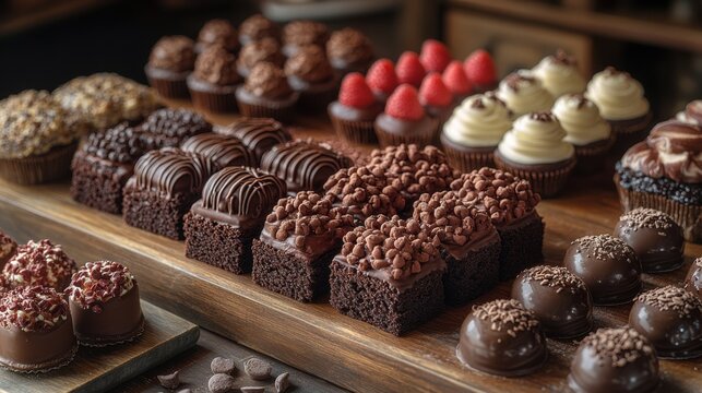 Assorted chocolate pastries and desserts on wooden tray, cupcakes, gourmet bakery treats, deliciously rich chocolate sweets, artisanal dessert selection, indulgent food, chocolate lovers' delight