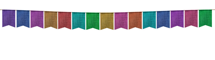 Fabric flags on rope against white background. Party decoration