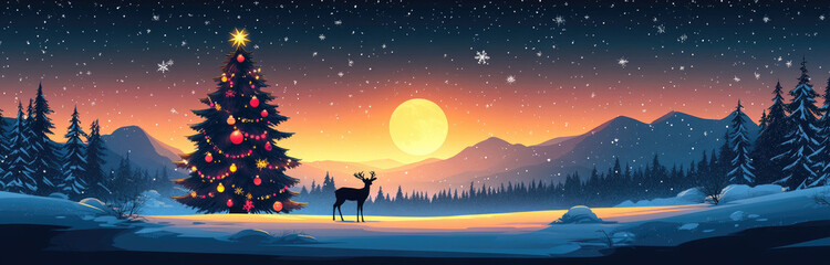 A peaceful winter scene showcases a glowing Christmas tree beside a deer, all illuminated by a warm sunset over snow-covered mountains