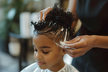 A young child enjoys a relaxing hair treatment at a salon on a bright afternoon