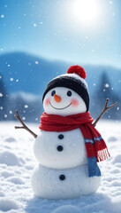Obraz premium Snowman with red scarf and hat stands on snowy field