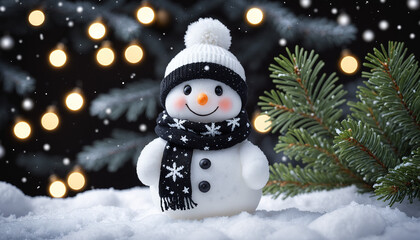 Fototapeta premium White snowman with black eyes and a red nose stands on green grass under a Christmas tree