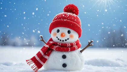 Snowman with a scarf and top hat stands in the snow