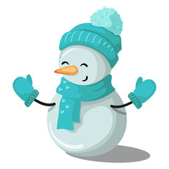 Cheerful snowman in a blue hat, scarf and mittens on a white background. A cute cartoon character, a winter symbol of Christmas and New Year. Design element for postcards, posters and invitations.