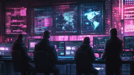 Artistic depiction of a cybersecurity team monitoring data in real-time, showcasing advanced technology and vigilance in action.