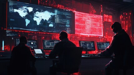 Artistic depiction of a cybersecurity team monitoring data in real-time, showcasing advanced technology and vigilance in action.
