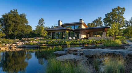 Modern home with a pond and large lawn, surrounded by trees.