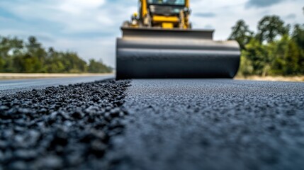 A close-up of a road grader leveling the base layer of a new expressway