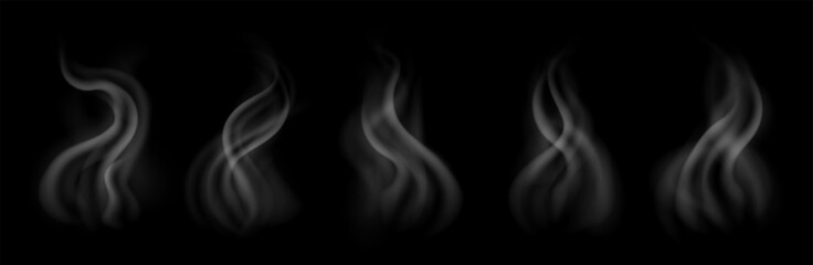 Hot food steam, collection of vapor effects from heated tea or coffee. Warm dish, tasty meal, delicious smell concept. White fume isolated on a dark background. Vector illustration. © Likanaris