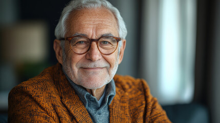 Elderly man with glasses in casual outfit, confident and relaxed, close-up portrait, warm smile, mature age, relaxed lifestyle, contentment, wisdom, aging with grace, calm and happiness