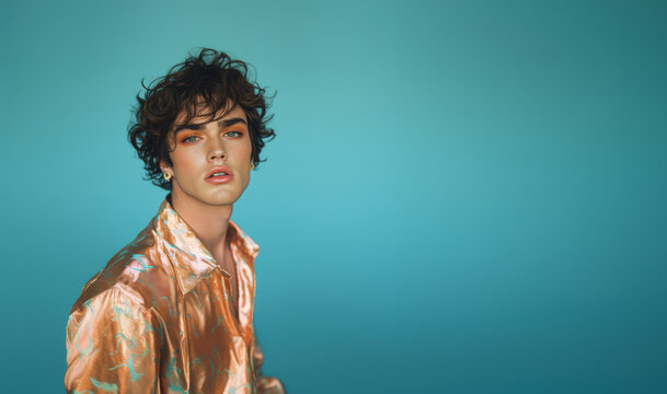  fashionable young man wearing makeup and earrings, posing confidently against a vibrant turquoise backdrop -transgender model
