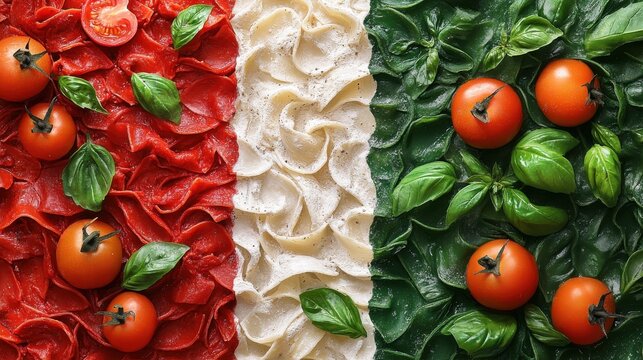 Artistic representation of the Italian flag intertwined with fresh ingredients like tomatoes, basil, and pasta, celebrating culinary traditions.