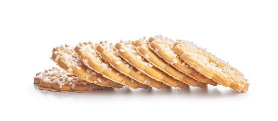 Sweet cookies in the shape of a flower. Tasty biscuits isolated on white background.