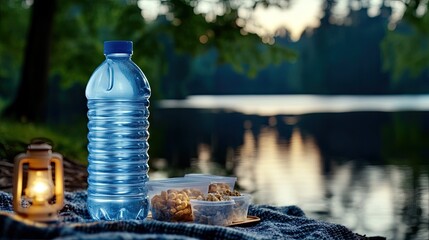 A cozy camping setup features an oil lamp illuminating water bottles and snack containers on a blanket by the lake at night