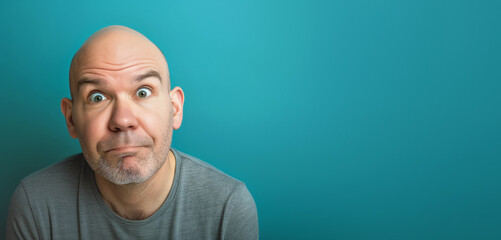Bald man with funny uncertain face expression, looking into camera, studio photo copy space on side. Generative AI