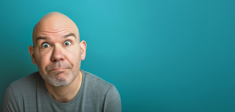 Bald man with funny uncertain face expression, looking into camera, studio photo copy space on side. Generative AI
