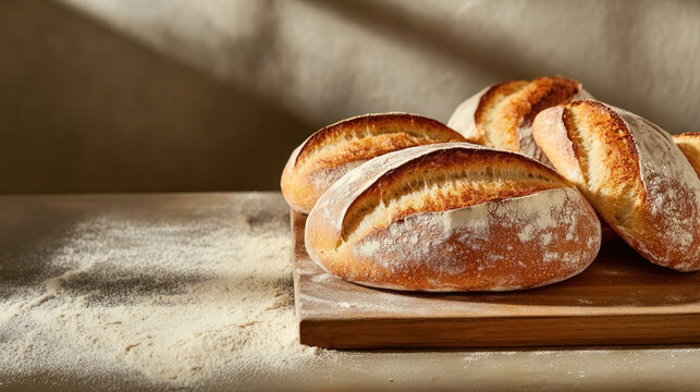 artisan sourdough bread loaves on a wooden board with flour dusting