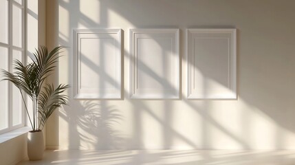 Obraz premium Three empty frames on a bright wall with a potted plant in sunlight