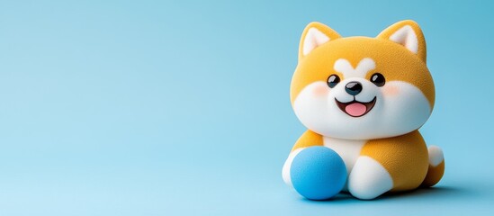 Fototapeta premium Cute Shiba Inu Puppy Playing With Blue Ball on Blue Background
