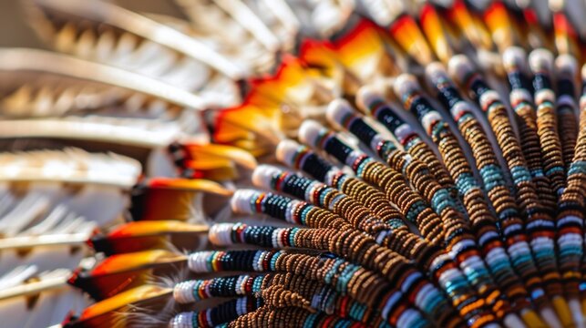 A closeup of a delicately woven Native American headdress showcasing the intricate beadwork and feathers.