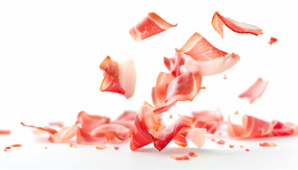 Fototapeta premium Sliced bacon isolated on white background, falling ham strips