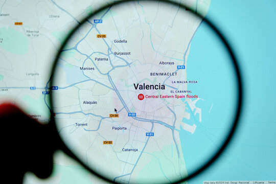 Spain flooding. Central Eastern Spain floods in Valencia displayed on google maps