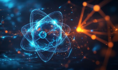 Obraz premium Abstract atomic structure with glowing blue particles on dark background