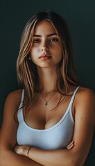 Fototapeta premium A woman in a white tank top with her arms crossed