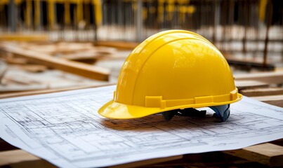 A yellow hard hat is placed on a blueprint in a building construction site, showcasing the importance of personal protective equipment in engineering and construction projects