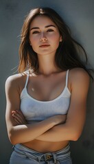 Fototapeta premium A woman in a white tank top with her arms crossed