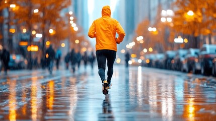 Naklejka premium Runner in a vibrant orange jacket jogs through a rainy city street, surrounded by blurred lights, AI