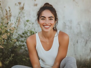 A woman in a white top and gray leggings smiling