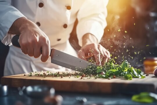 Chef chopping fresh herbs on wooden cutting board, steam rising, evoking culinary expertise