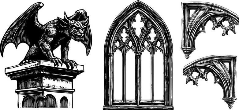 Vintage Gothic Gargoyle and Ornate Arch Window Vector Set. Medieval Notre Dame Architecture.