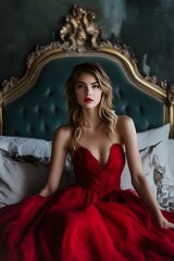 A woman in red dress posing on a bed