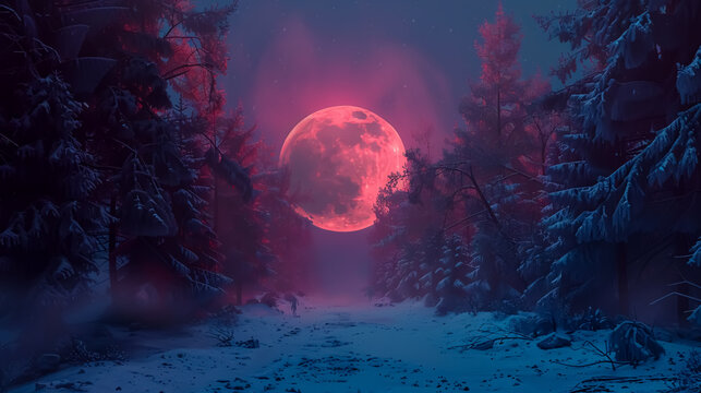 Dark winter forest background at night. Snow, fog, moonlight. Neon figure in the center