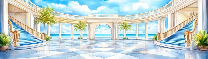 Lavish ballroom, marble floors and grand staircase, timeless elegance, watercolor style