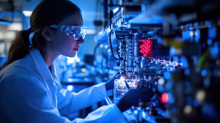 A scientist in a lab working on a cutting-edge battery storage system,