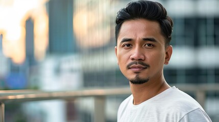 Fototapeta premium Asian man with styled hair and a light beard, standing on a balcony with a soft cityscape in the background during sunset. Concept of urban lifestyle, confidence, modern individuality. Gay man, LGBT