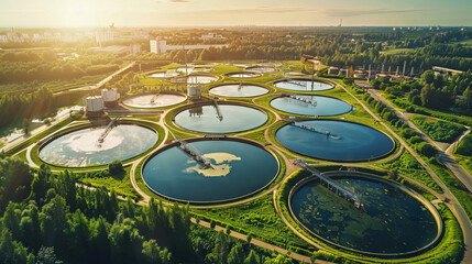 Modern Spacious Wastewater Treatment Plant with Circular Tanks at Sunset. Concept of Water Purification, Environmental Technology, Sustainable Solutions, and Urban Infrastructure