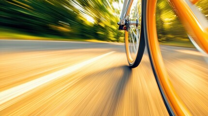 Bicycle wheel in motion on a sunny road, capturing speed and energy, AI