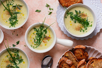 French Cream of Cauliflower Soup with Croutons.style hugge.selective focus