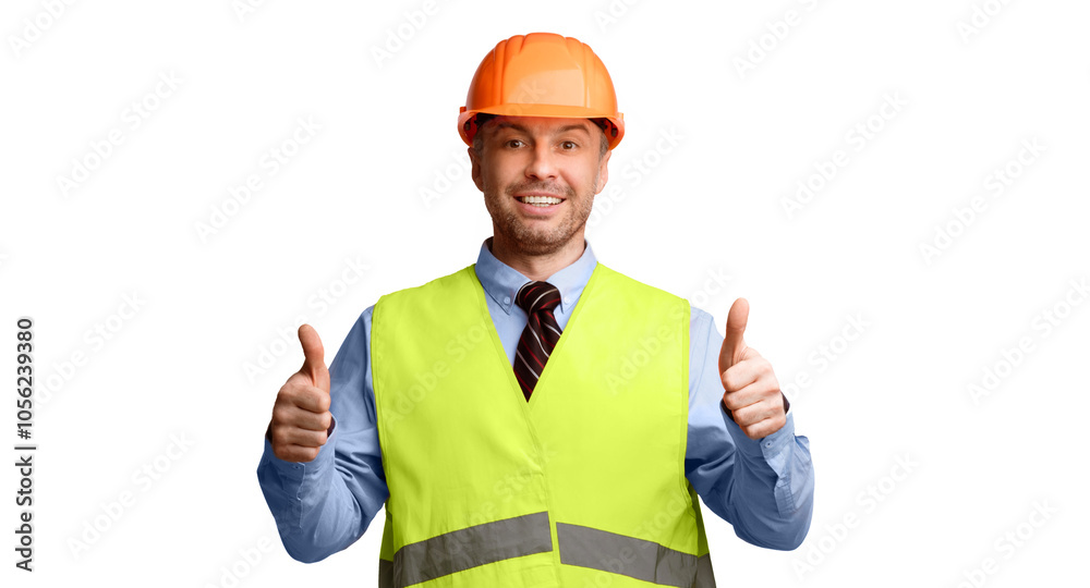Poster cheerful construction worker gesturing thumbs-up posing on white studio background, smiling to camer