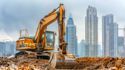 Excavator Digging a Large Foundation Hole with a City Skyline in the Background. Concept of Urban Development, Construction Industry, Heavy Machinery, and Modern Architecture